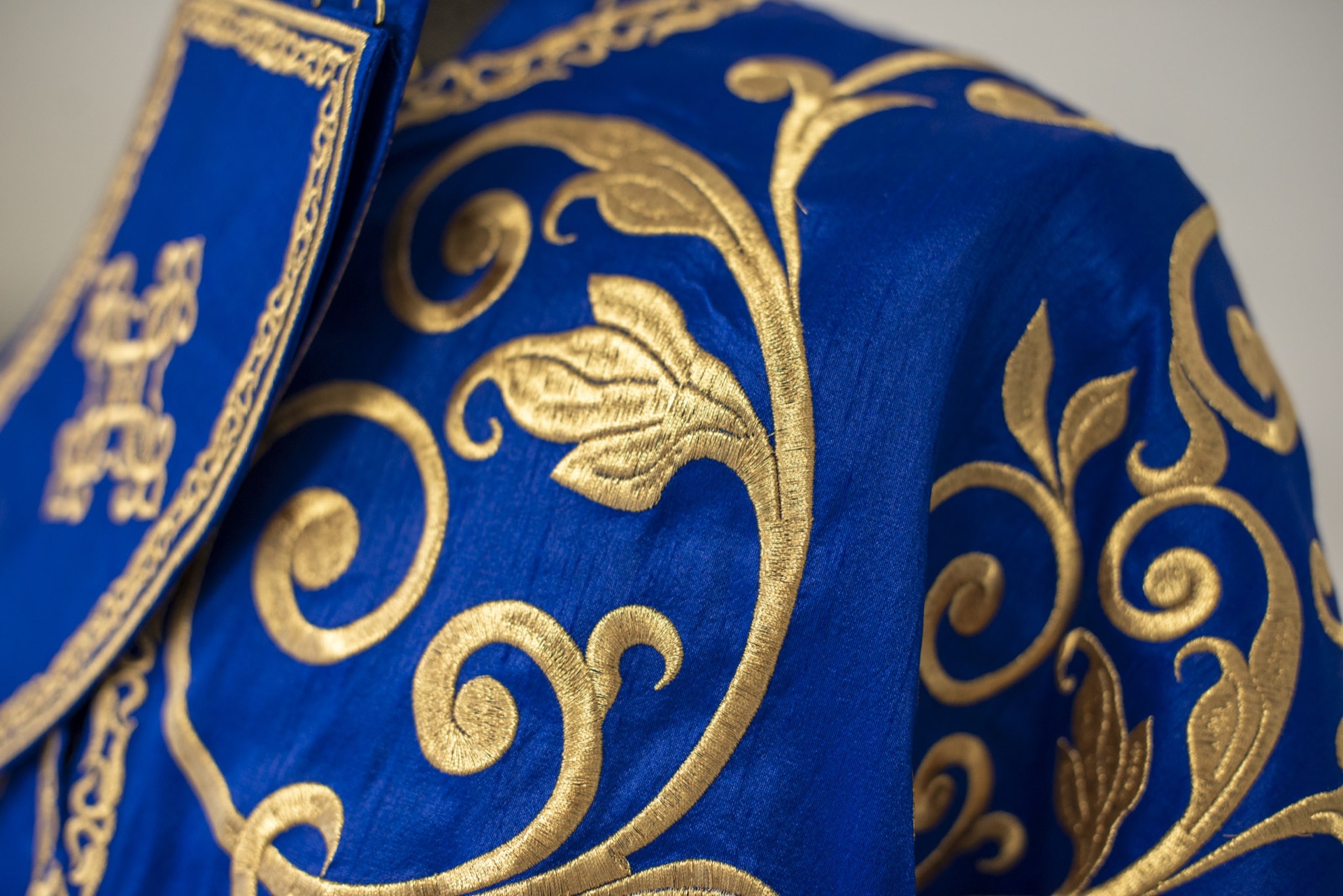 Hand-embroidered Orthodox vestment in royal blue and gold
