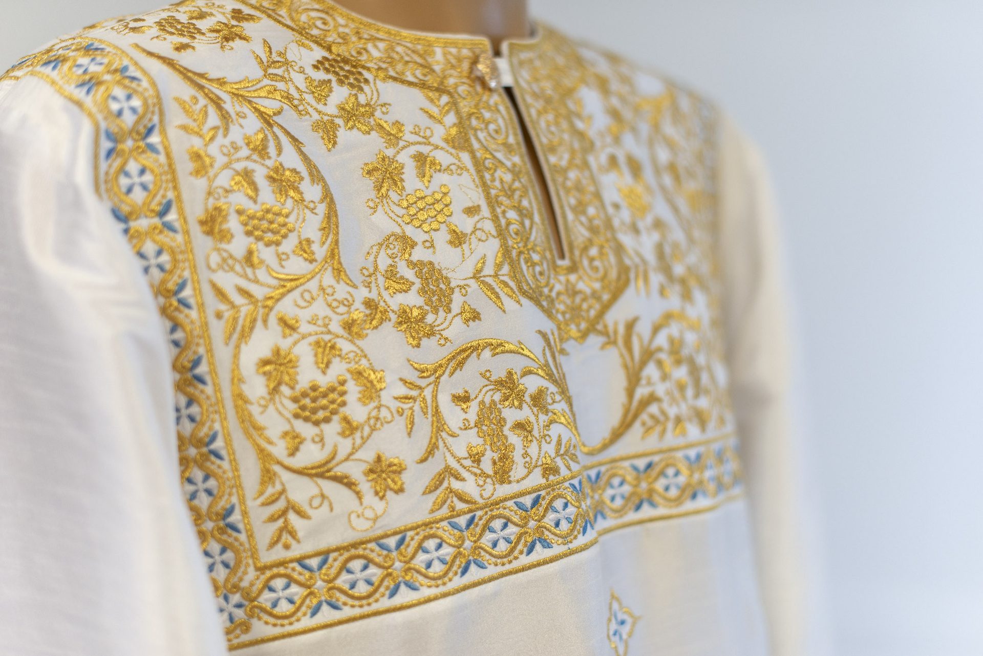 Hand-embroidered cream and gold Orthodox vestment with grapevine embroidery